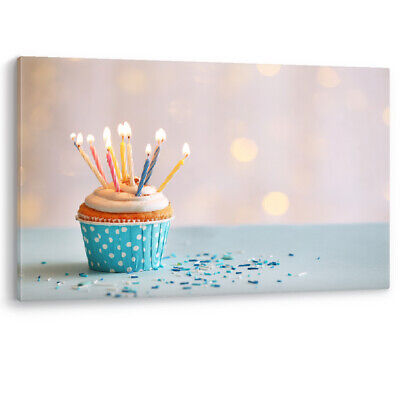 Birthday Cup Cake Candles Party Framed Luxury Canvas Wall Art Picture Print