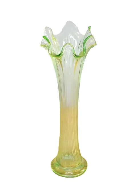 Fenton 10.4" Vaseline Uranium Vase Swung Glass Fluted Bud Flower Ruffled Ribbed