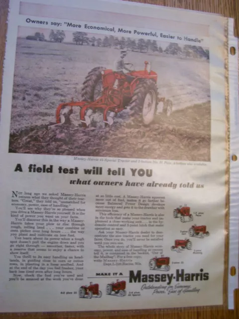 Vintage Massey Harris Advertising  -Mh  44 Special  Tractor / 3 Btm Plow