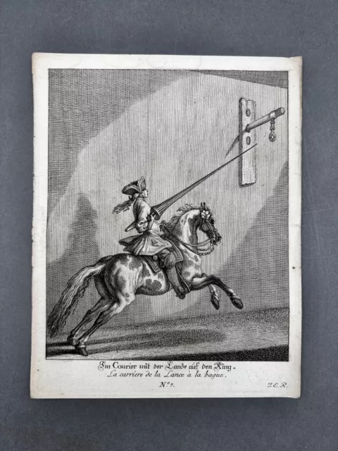 Im Courier mit der Lanze auf den Ring . Kupferstich von J. E. Ridinger, 1760.