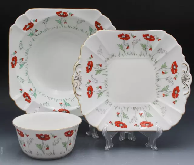 Shelley Porcelain 3 Pieces Serving Bowl Creamer Plate Red Poppy Pattern #11327
