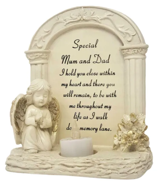 Special Mum and Dad Praying Angel with Tea Light Candle Memorial Grave Plaque