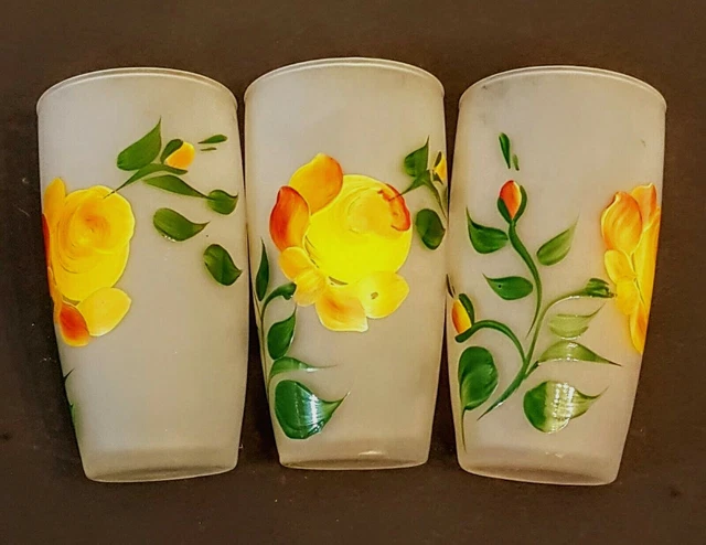 Bartlett Collins Frosted Glass TUMBLER LOT Hand Painted VTG Gay Fad Yellow Rose