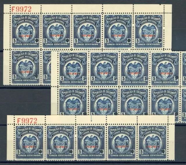 COLOMBIA Revenues 5c NACIONAL ABNCo *F9972* SPECIMEN 3 Blocks{10,5}MNH ZU73