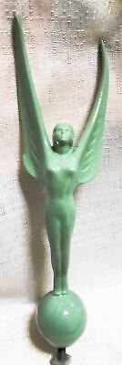 Topper Nymph art deco Lady with wings car hood ornament mascot 9" Frankart green