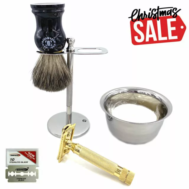 Gold 3.5" Double Edge Safety Razor Shaving Set For Men Badger Brush 5 Pc Kit