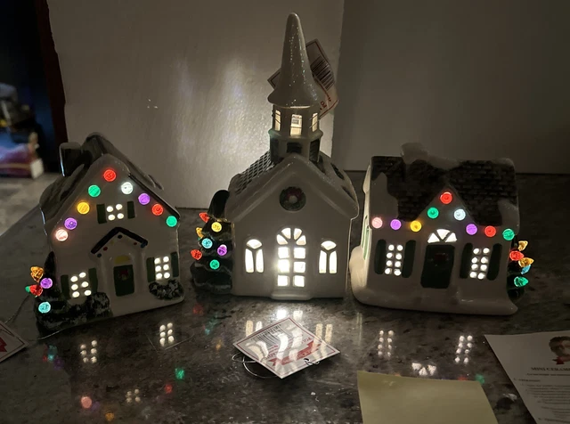 Mr. Christmas Ceramic Lighted Village House Set Of 3 Church Chapel White  5”