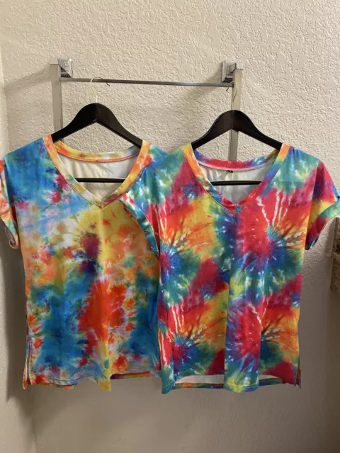 Lote de 2 Camisetas Tie-Dye Talla Adulto Mujeres Hombres Pequeñas Neón Multicolor Usadas Una vez