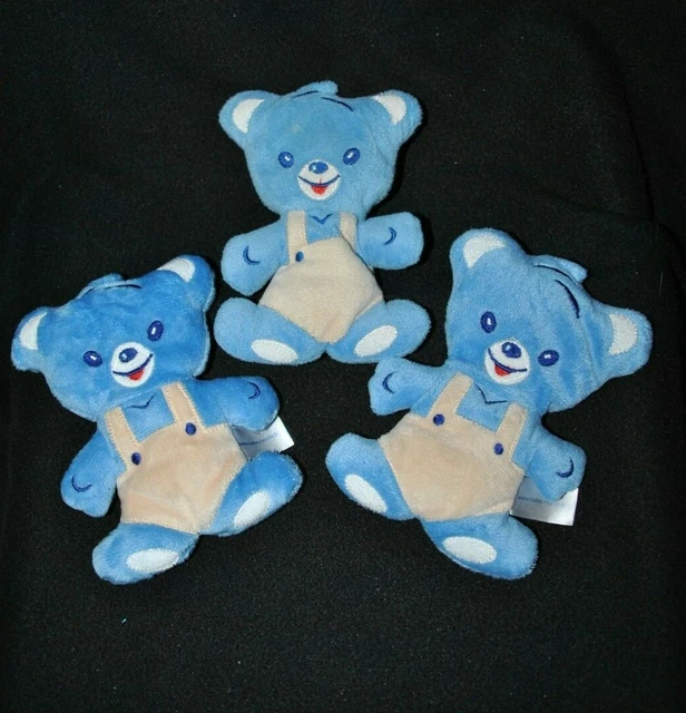 Lot 3 peluche doudou ours semi plat NESTLE bleu blanc beige grelot 16 cm TTBE