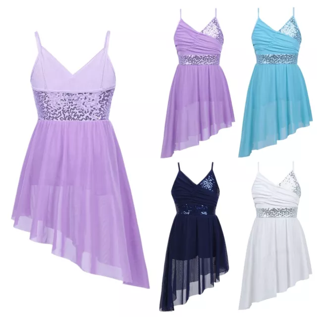 Girls Sequin Ballet Leotard Dress Lyrical Modern Dance Costume Irregular Skirt