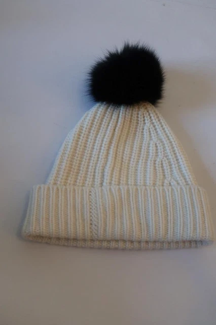 Womens Theory Ivory Black Fox Fur Pom Pom Cashmere Knit Ribbed Beanie Hat OS * Womens Theory Ivory Black Fox Fur Pom Pom Cashmere Knit Ribbed Beanie Hat OS *