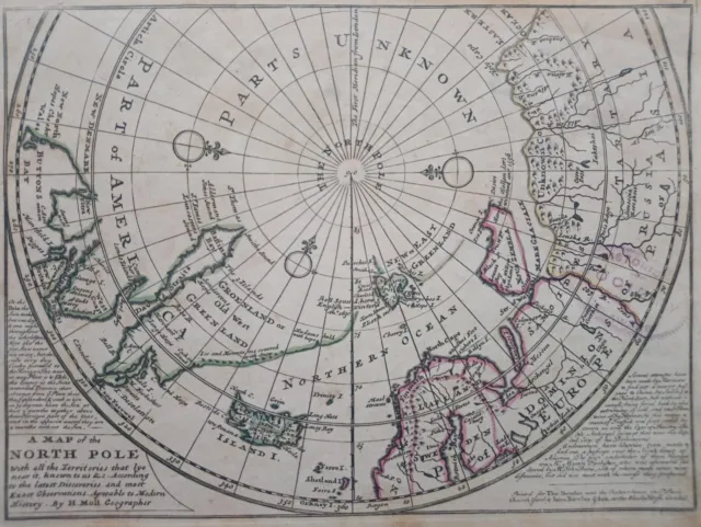 1732 Herman Moll Mapa Polo Norte Map of the North Pole with all the territories