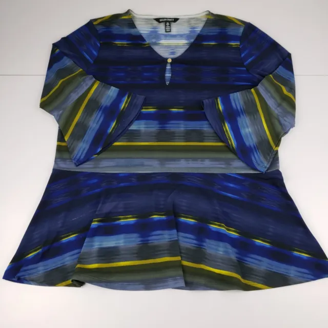 Ellen Tracy Blouse Women's Large Blue Multicolor Geometric Stretch Pullover Top
