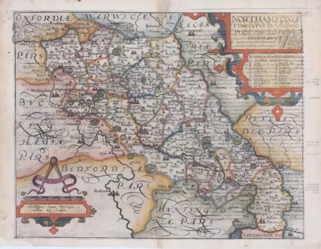 1607 - RARE 1st Edition Antique Map NORTHAMPTONSHIRE by Saxton Kip/Hole