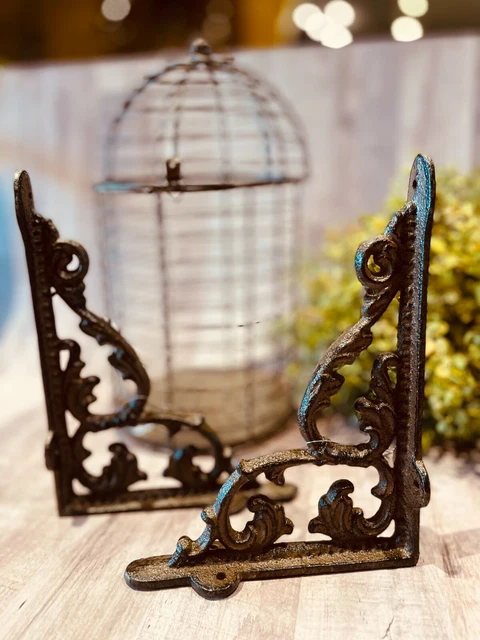 Pair (2) Cast iron Shelf Brackets Victorian Scroll SWIRL Wall Brace Door Corbels
