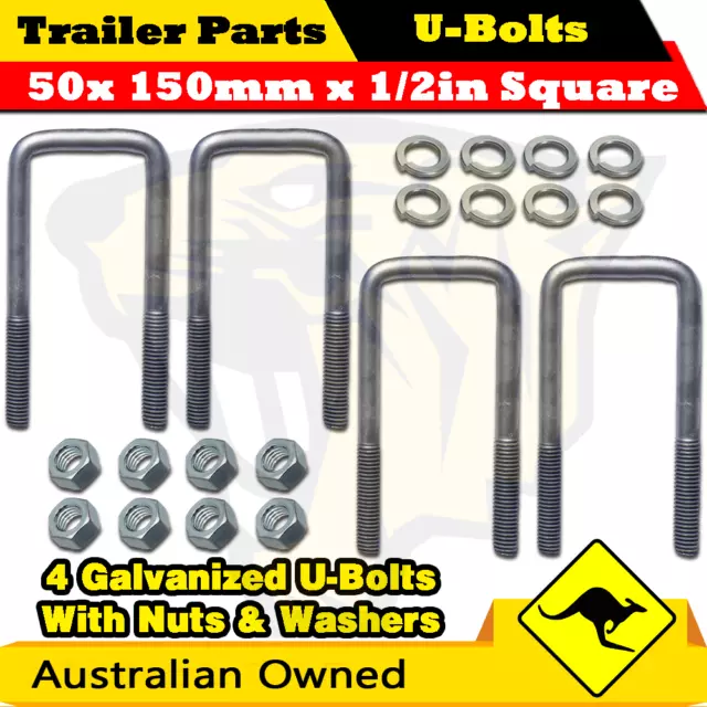 4 x U-Bolts 50mm x 150mm Square with Nuts Galvanized Trailer Box Boat Caravan