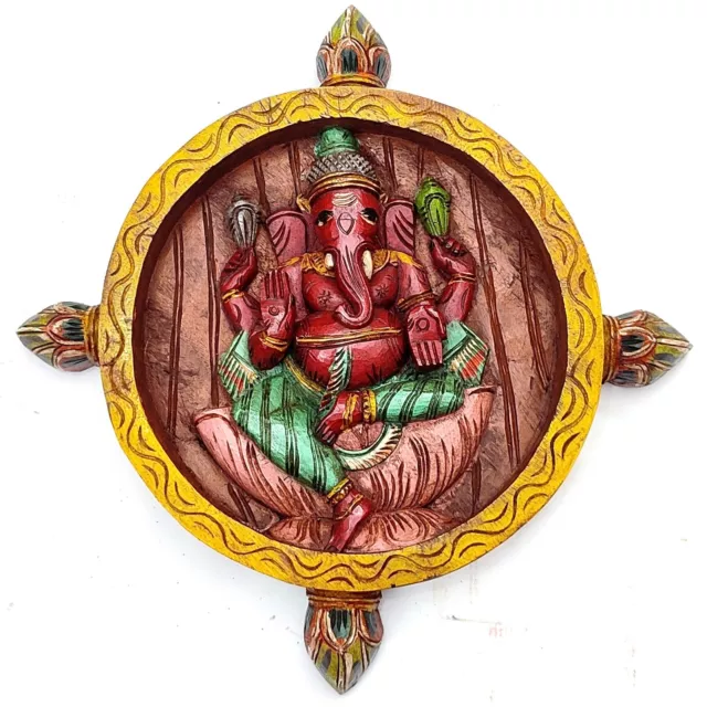 Hindu God Ganesh Deep Hand Carving Vintage Round Wall Wooden Panel