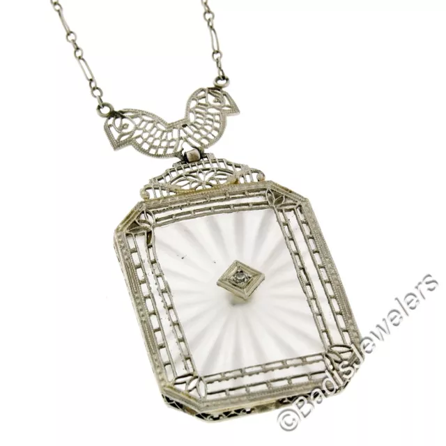 Ancien Art Déco 14K or Grand Camphre Verre Diamant Filigrane Pendentif Collier