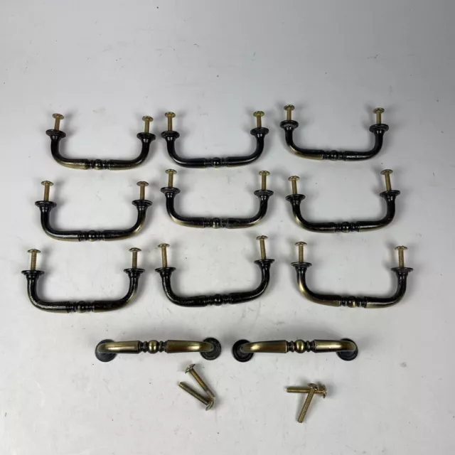 11 ea Kitchen Bath Cabinet Drawer Handles, Antique Brass, Black Pulls, Reclaimed