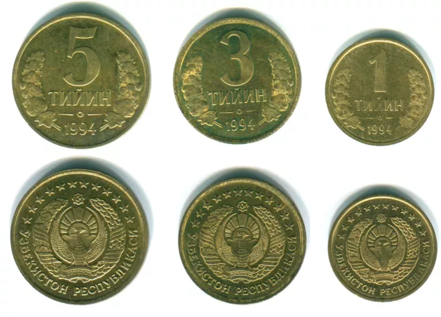 UZBEKISTAN: set of 3 coins 1994 1, 3, 5 Tiyin UNC KM# 1.2, 2.2, 3.2