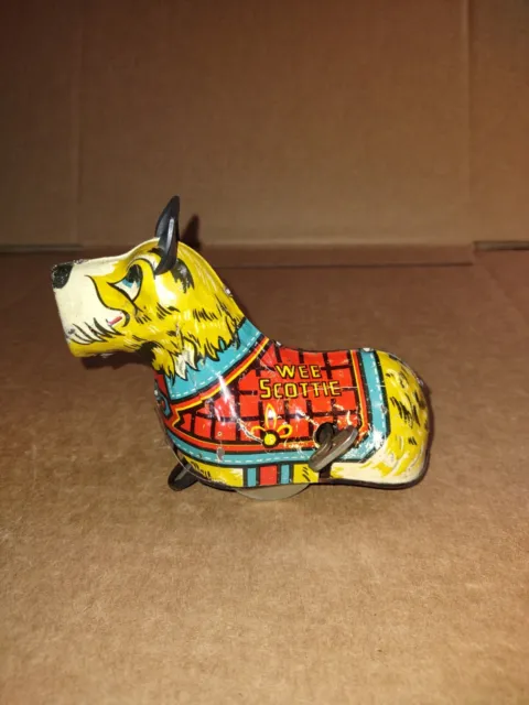 Vintage 1930's Louis Marx Tin Litho Wee Scottie Dog  Wind Up Toy  Works Great