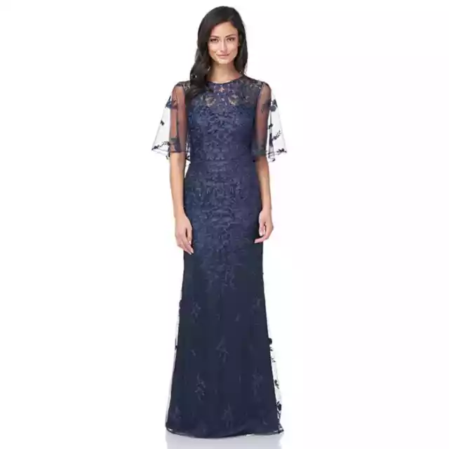 NWT JS Collections Embroidered Flutter Sleeve Gown 12 Illusion Lace Floral Navy