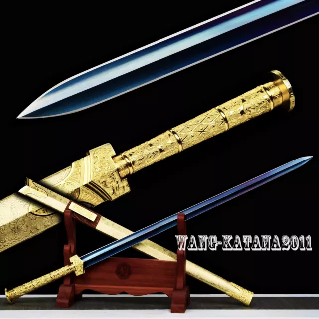 Gold Dragon Chinese Han Dynasty Jian 汉剑 Blue 1095 Carbon Steel Double Edge Sword