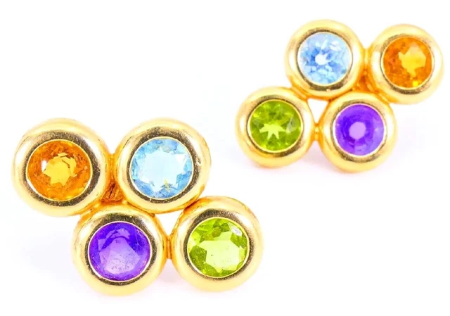 14K Gold Multi-Gemstone Amethyst Blue Topaz Citrine Peridot Earrings 4.77 Grams