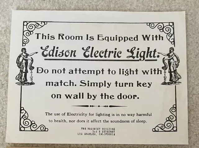 Edison Electric Light Paper Signage Sign Old Motel Hotel Inn or Store 8.5x11