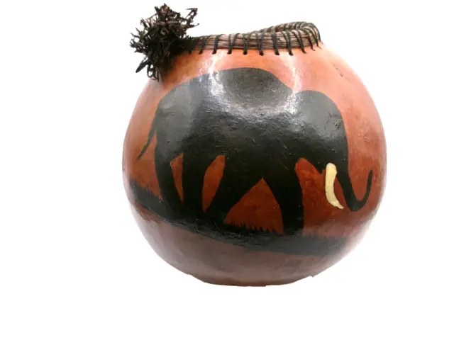African Elephant Gourd Vessel Large Round Braided Straw Top Black Orange Brown