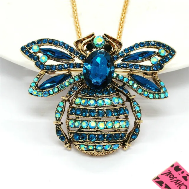 New Betsey Johnson Bling Blue Rhinestone Honey Bee Crystal Pendant Necklace