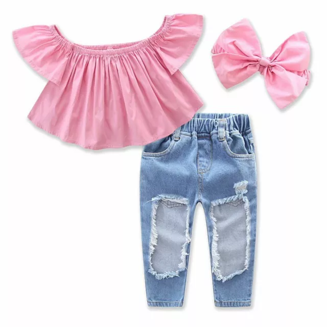 3PCS Toddler Kids Baby Girls T-shirt Tops+Hole Jeans Pants Clothes Outfits Set Q