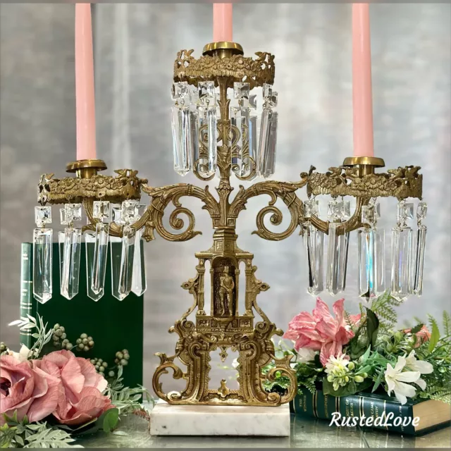 Antique Victorian Girandole Candlesticks Marble Brass & Crystal Prisms 1 Triple*