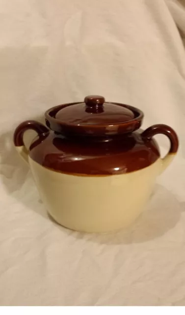 Vintage McCoy #1242 Large Brown/Tan Pottery Crock Bean Pot w/ Lid 6" tall 2