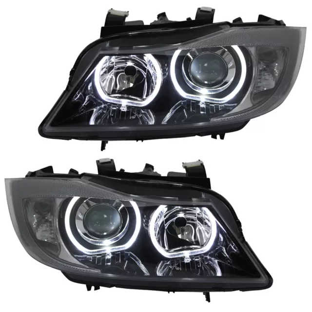 Scheinwerfer Angel Eyes für BMW E90/E91 Bj. 2005-2008 Schwarz weiße LED Ringe