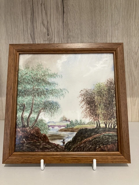Antique Minton Hollins Hand Painted Pictorial 6" Tile River Scene Framed