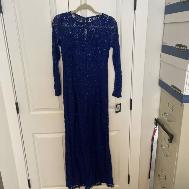 NEW MARINA Long sleeve laced sequined gown - cobalt - size 6 - NWT