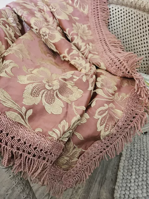 Vintage French Italian SALMON PINK/GOLD Brocade Fringed THROW DOUBLE BEDSPREAD