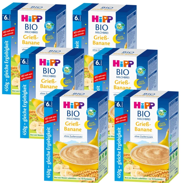 6x 450g HiPP Bio Papilla Lacteada Buenas Noches Sémola Banana Desde 6. Mese Sin