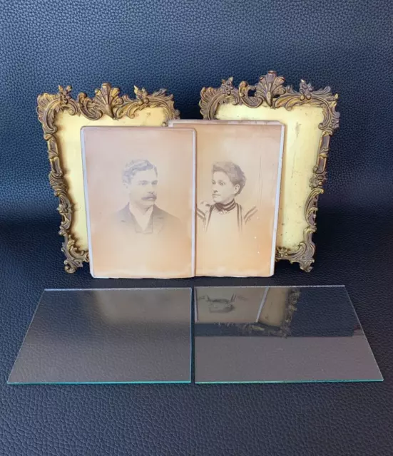 Antique French Gilt Embossed Brass Photo Picture Frame Easel Back Glass Front x2