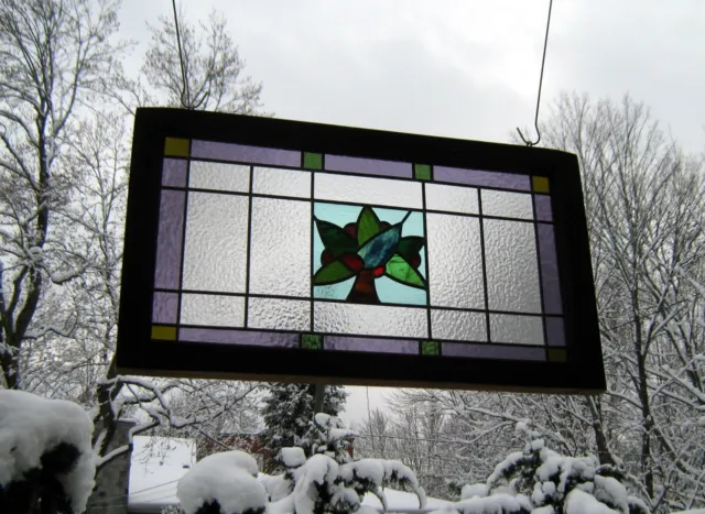 large leaded framed stained glass panel transom*antique wooden window decor art 7