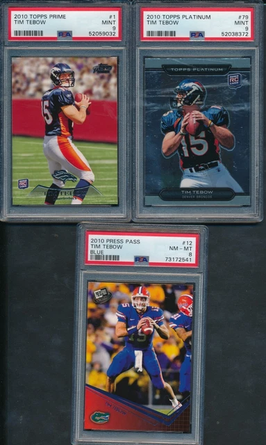 2010 Misc Topps & Press Pass Football Tim Tebow ROOKIE 3 CARD GROUP PSA 9 PSA 8 2010 Misc Topps & Press Pass Football Tim Tebow ROOKIE 3 CARD GROUP PSA 9 PSA 8