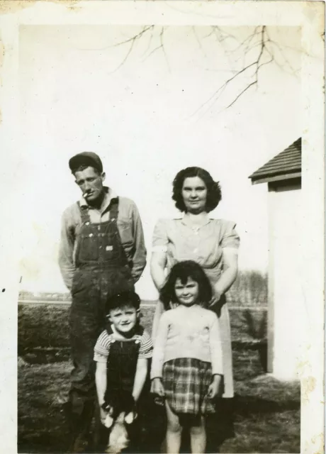 1940s Family Dad Smoking in Overalls Kids Dog Bored Black & White Photo