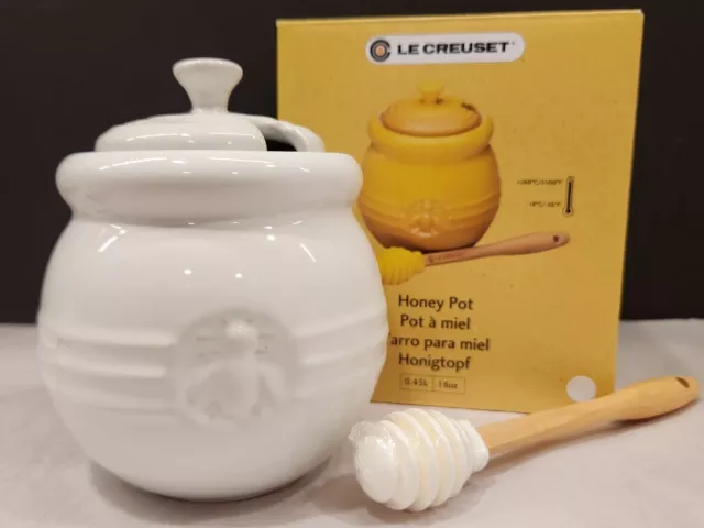 Le Creuset White 16oz Stoneware Honey Pot with Silicone Honey Dipper NIB