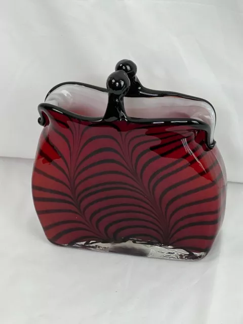 Murano Style Art Glass Red and Black Stripe Hand Blown Coin Purse Vase