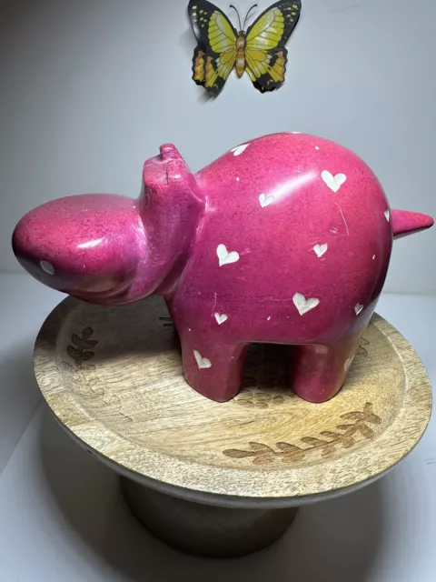 Heavy Hot pink soapstone Hippo w/ Carved Hearts 7”