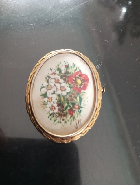 Magnifique Broche Ancienne Avec Peinture Miniature Signée F.L - Argentée, Origine France