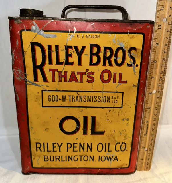 Antique Riley Penn Bros Oil Early Tin Litho Can Burlington Ia Transmission Motor