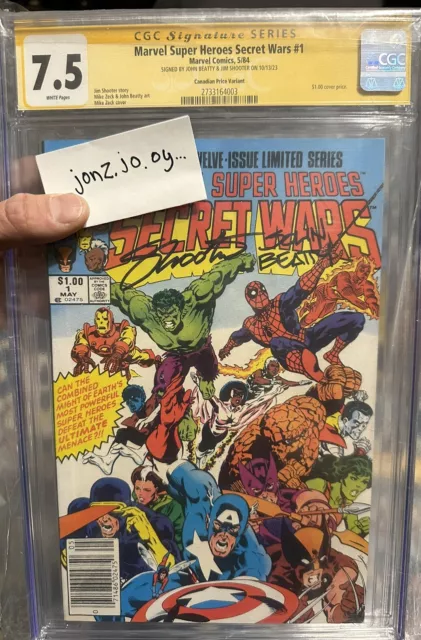 Secret Wars #1 CGC 7.5 Signed by JOHN SHOOTER & BEATTY WHITE Pages NEWSSTAND