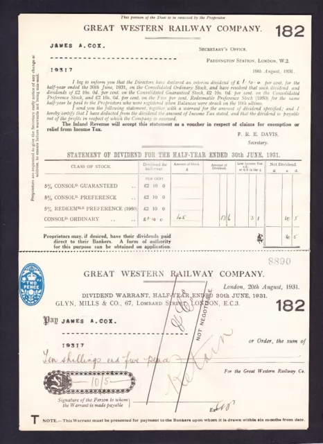 Great Western Railway Company Railway Share Dividend Receipt Certificate 1900's